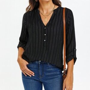 Vintage Esprit Black Metallic Striped Blouse‎ Top 6 Button Roll Tab Sleeve S 90s